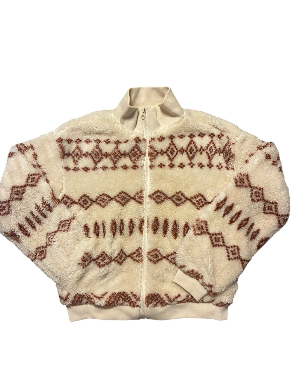 Thread & Supply Cream Teddy Jacket with Brown Pattern